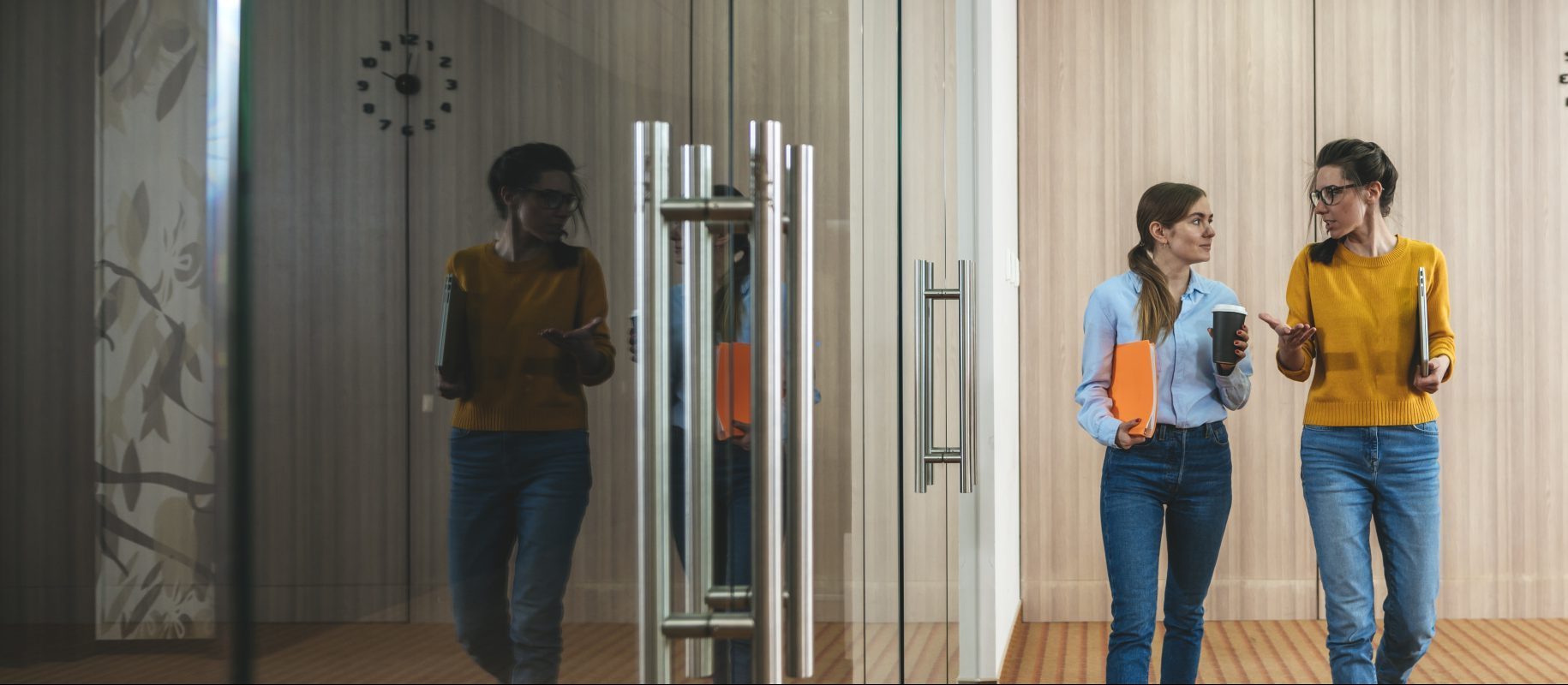 Coworkers in offices to discuss project