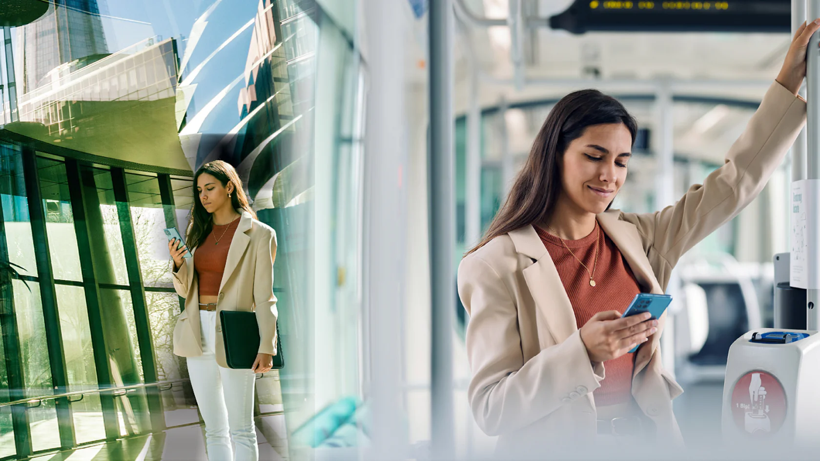 Collage of a citizen navigating public services throughout the day, illustrating smart administration and connected government digital transformation.