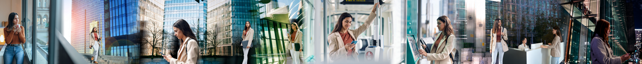 Collage of a citizen navigating public services throughout the day, illustrating smart administration and connected government digital transformation.