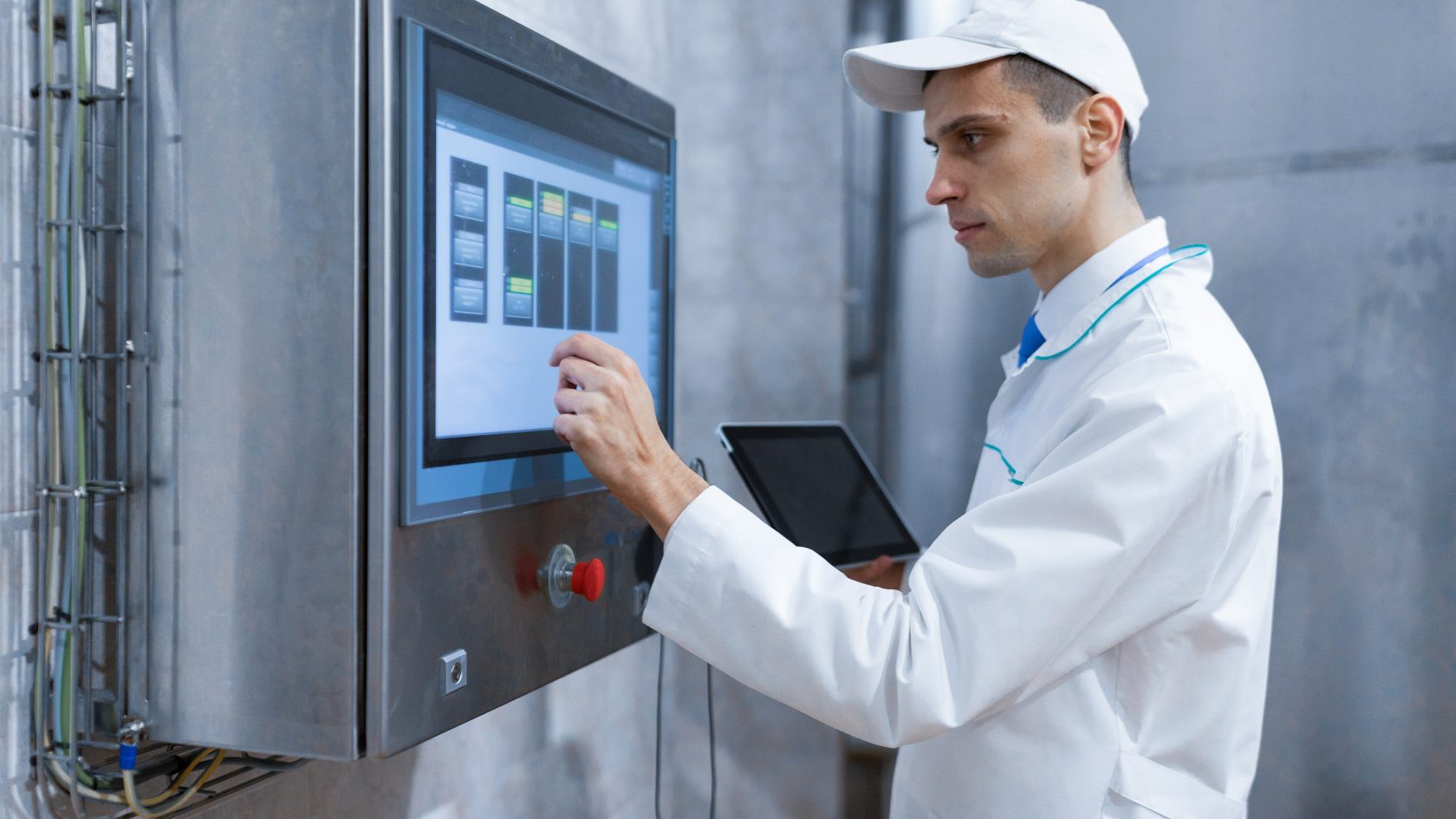 Technician monitoring industrial OT control panel in a global manufacturing facility