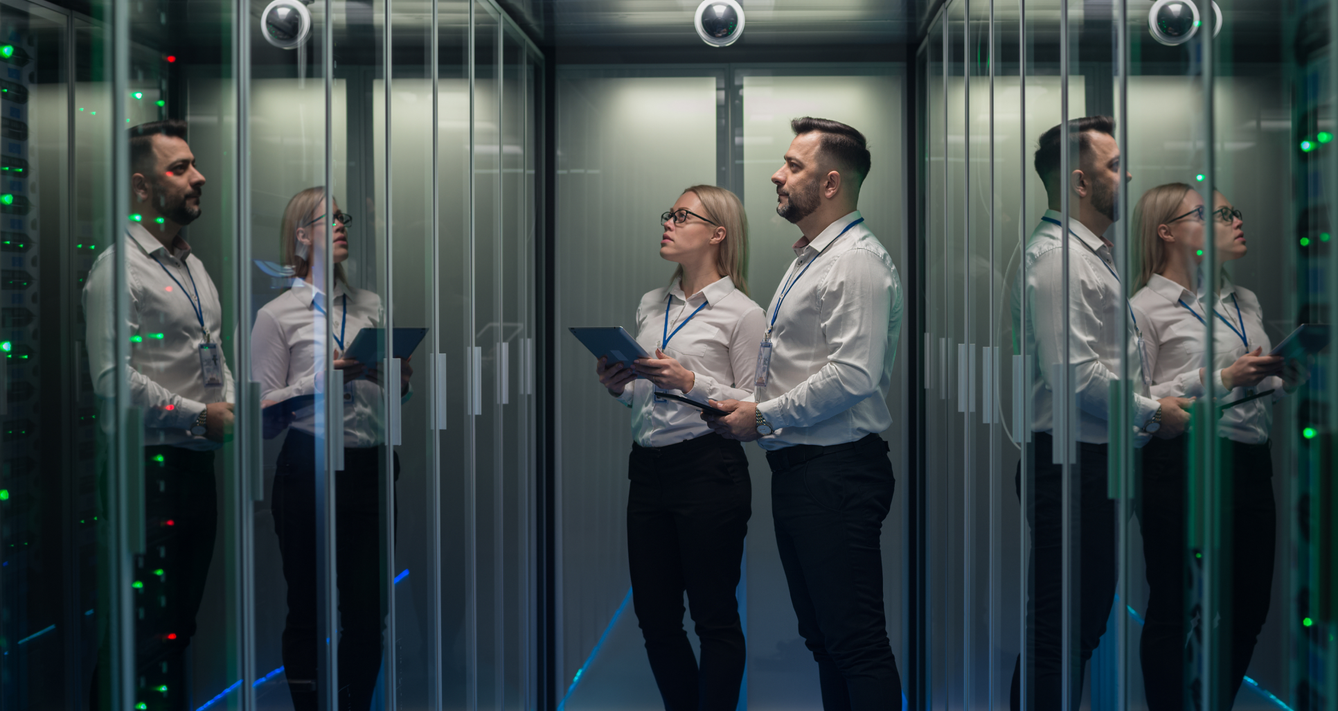 Two IT professionals reviewing cloud infrastructure inside a modern data centre.