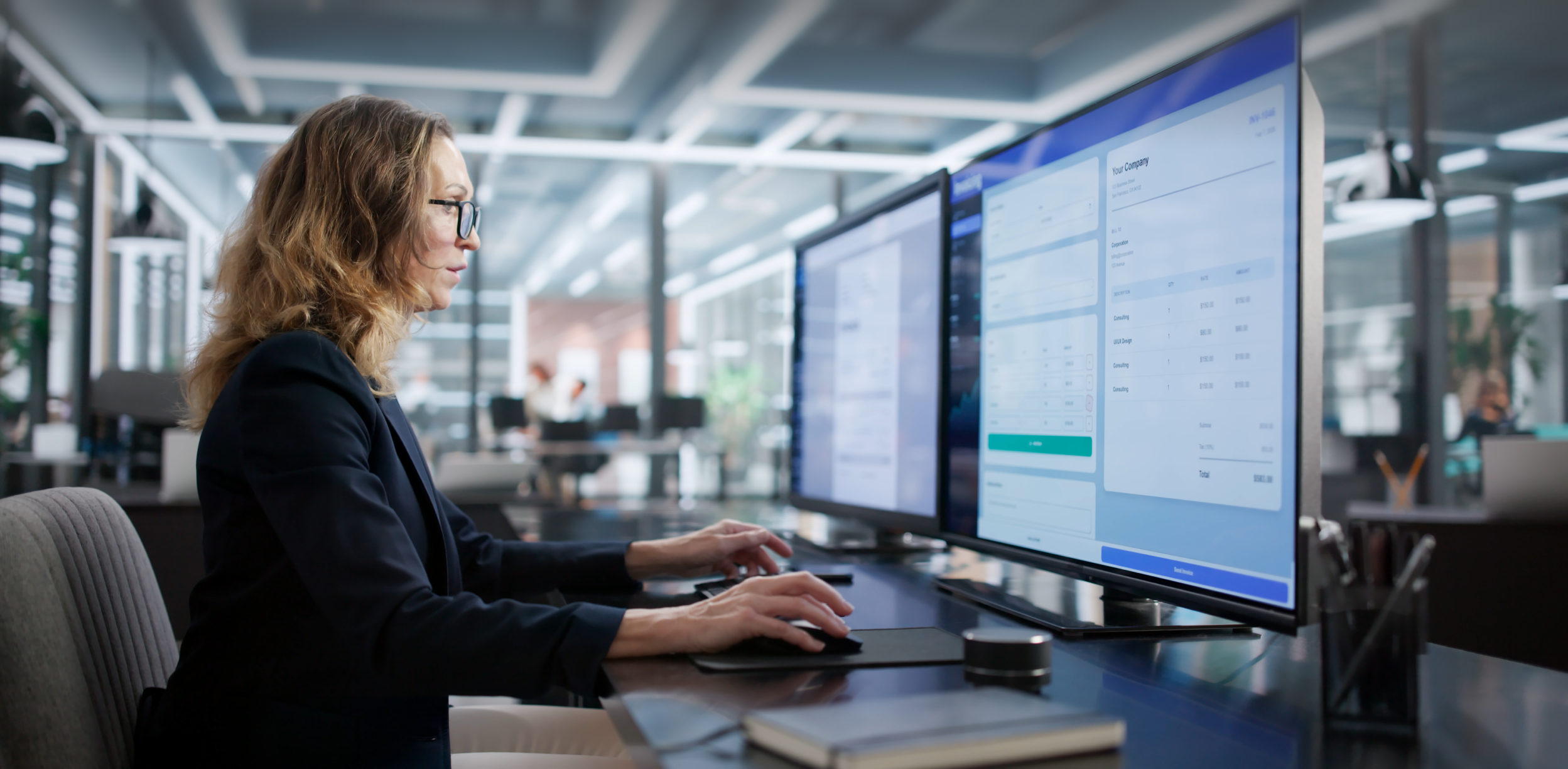 Professional analyzing multiple data dashboards on large monitors using AI-powered document intelligence.