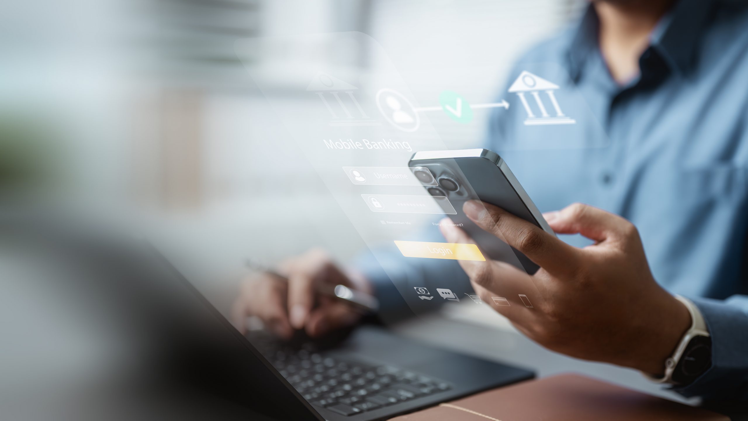 Professional using a smartphone with digital banking technology representing secure financial services and digital transformation.